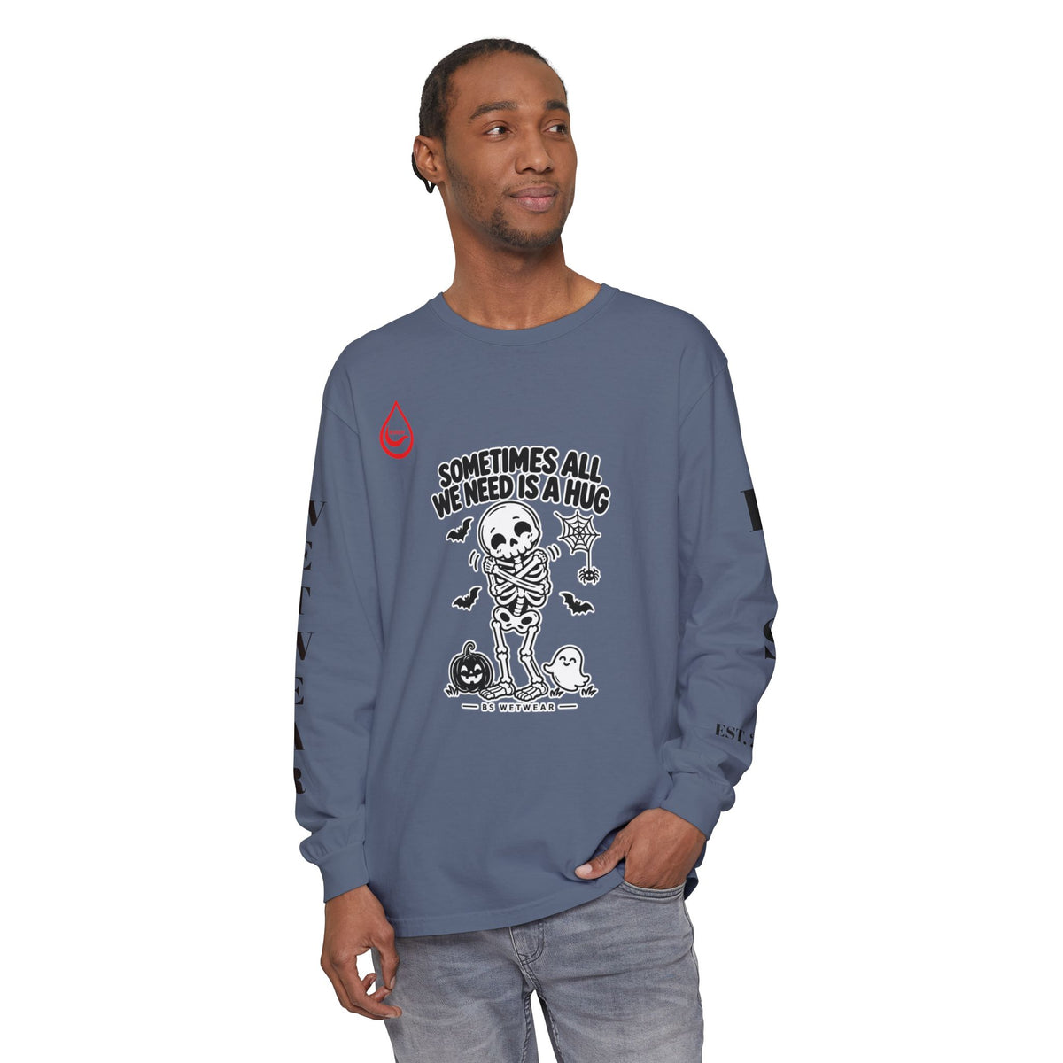 BS WETWEAR CUTE SKELETON SELF HUG HALLOWEEN LONG SLEEVE T-SHIRT
