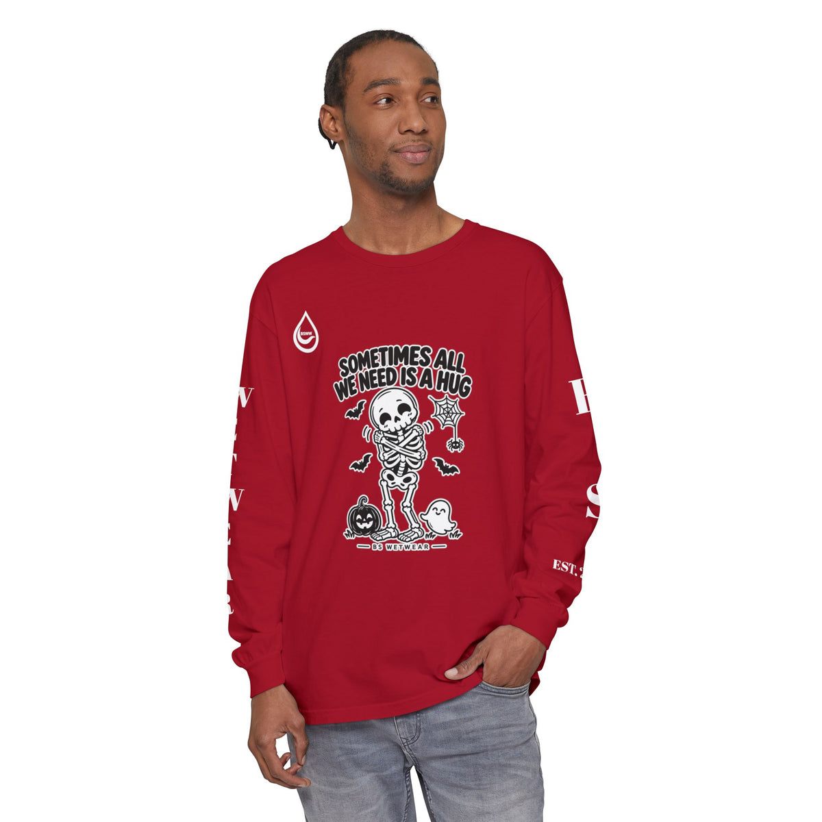 BS WETWEAR CUTE SKELETON SELF HUG HALLOWEEN LONG SLEEVE T-SHIRT