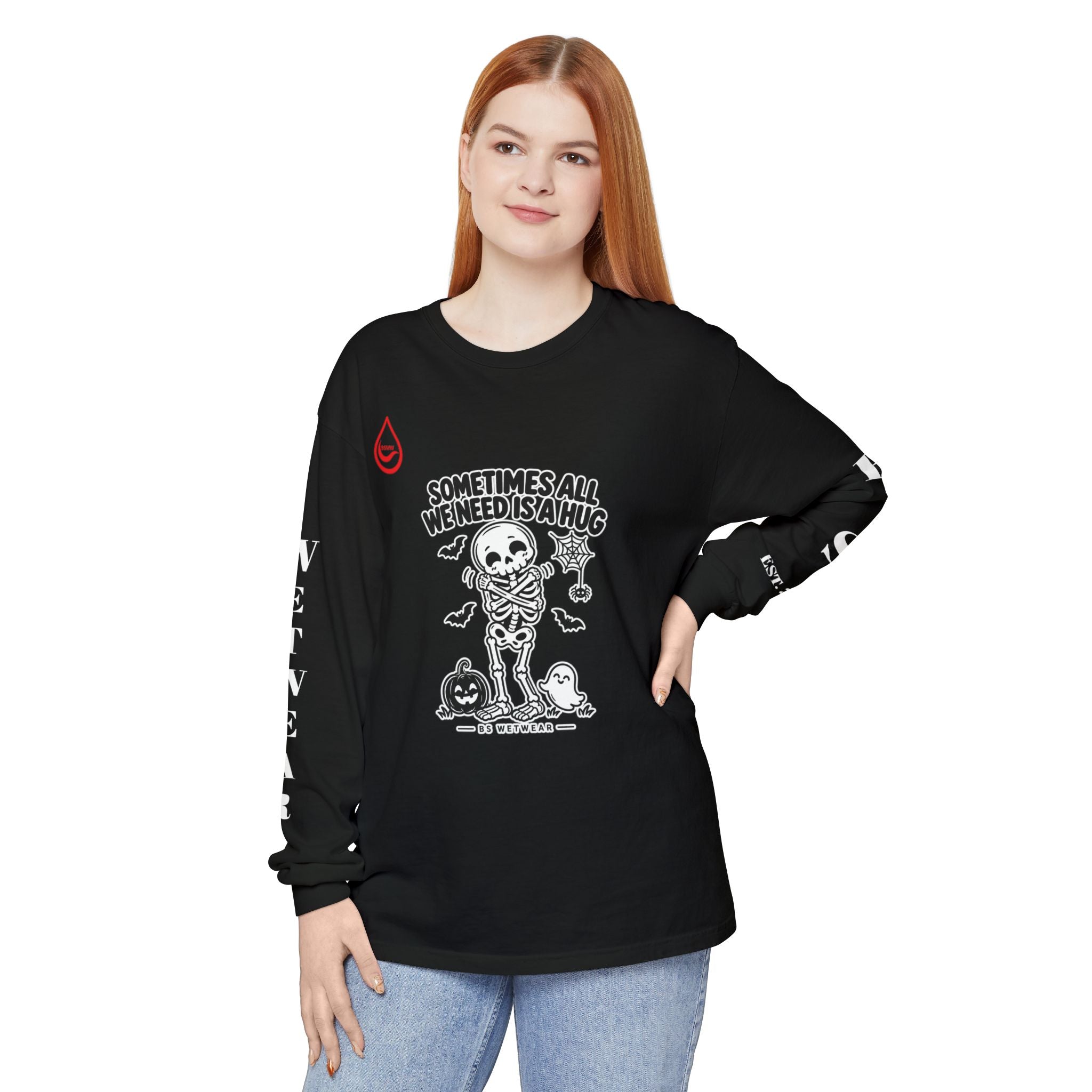 BS WETWEAR CUTE SKELETON SELF HUG HALLOWEEN LONG SLEEVE T-SHIRT