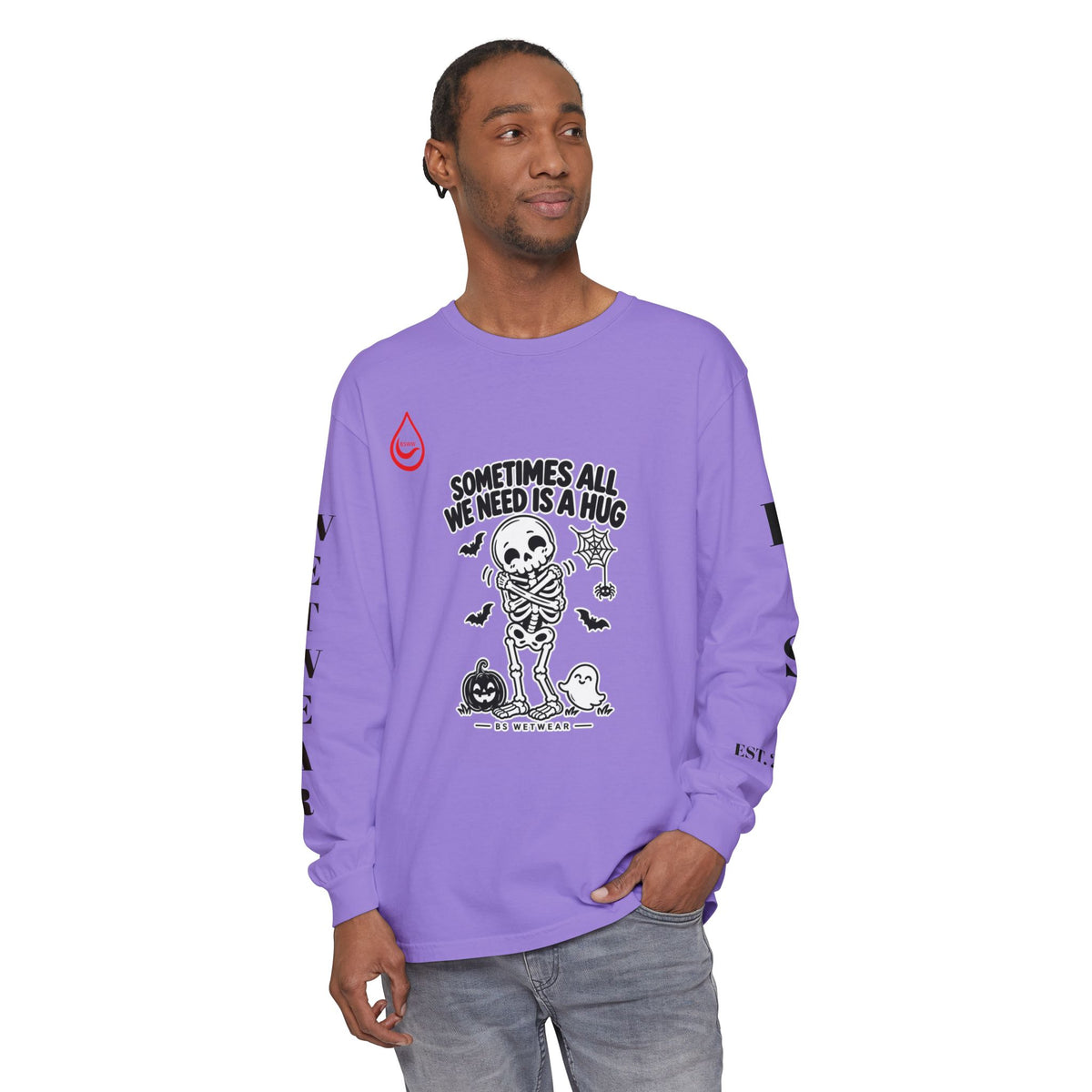 BS WETWEAR CUTE SKELETON SELF HUG HALLOWEEN LONG SLEEVE T-SHIRT