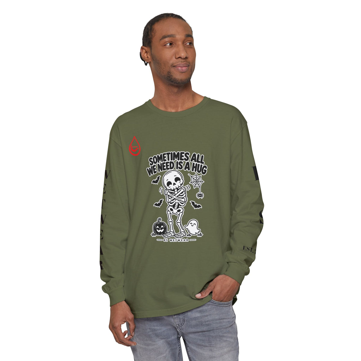 BS WETWEAR CUTE SKELETON SELF HUG HALLOWEEN LONG SLEEVE T-SHIRT