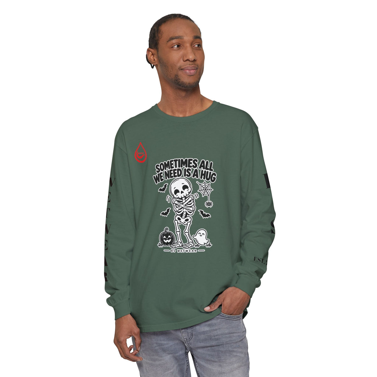 BS WETWEAR CUTE SKELETON SELF HUG HALLOWEEN LONG SLEEVE T-SHIRT