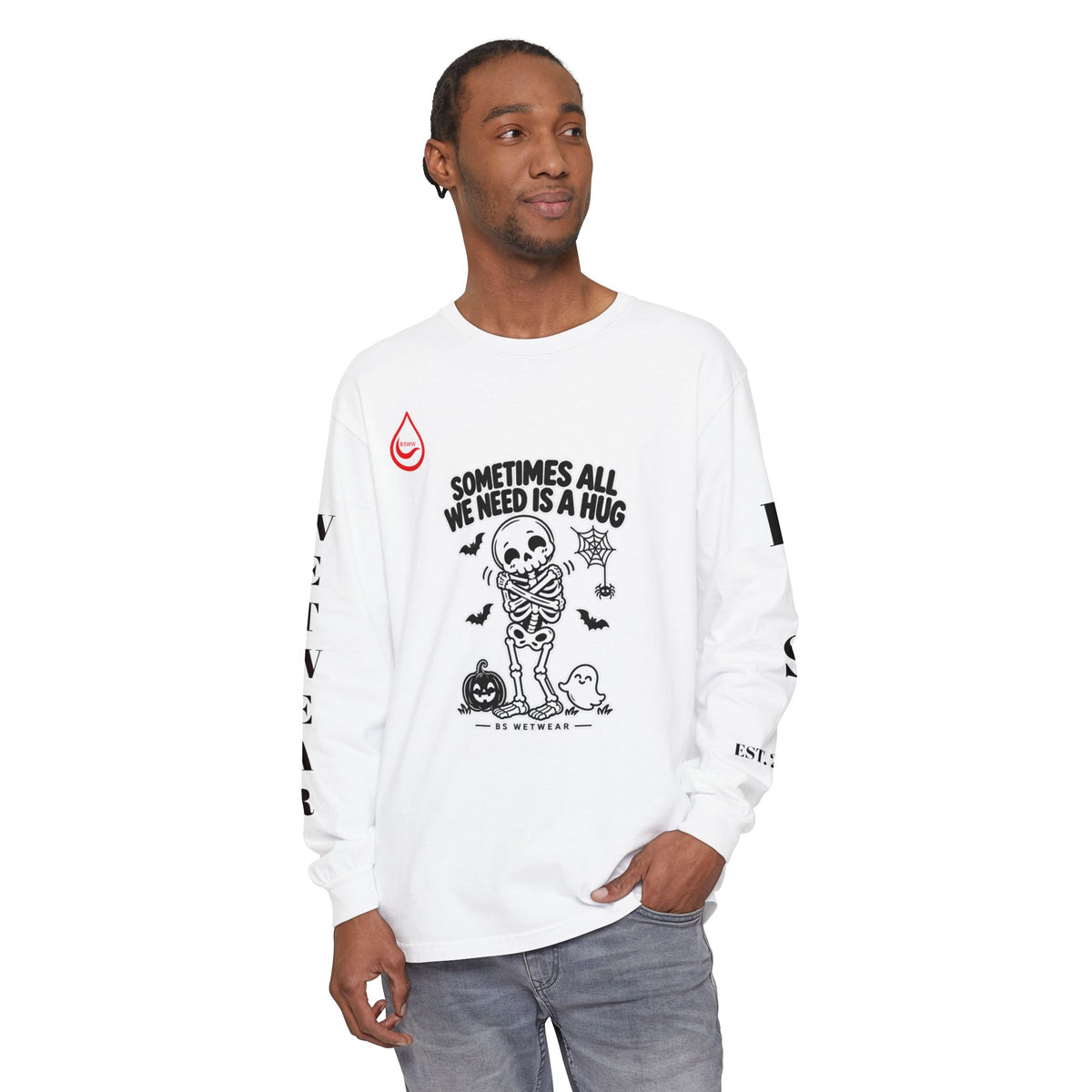 BS WETWEAR CUTE SKELETON SELF HUG HALLOWEEN LONG SLEEVE T-SHIRT