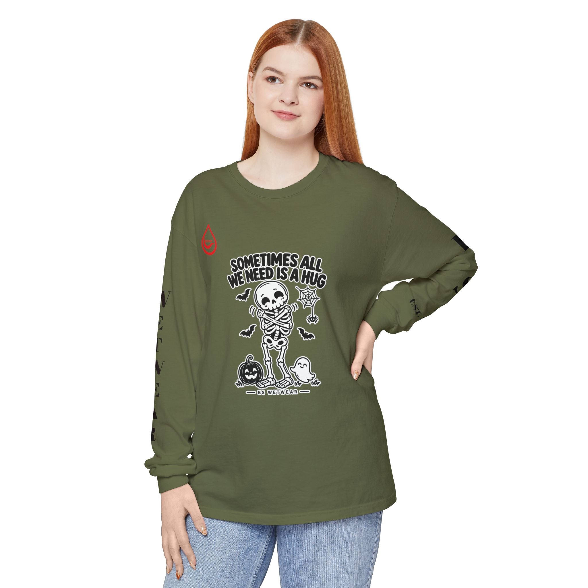 BS WETWEAR CUTE SKELETON SELF HUG HALLOWEEN LONG SLEEVE T-SHIRT