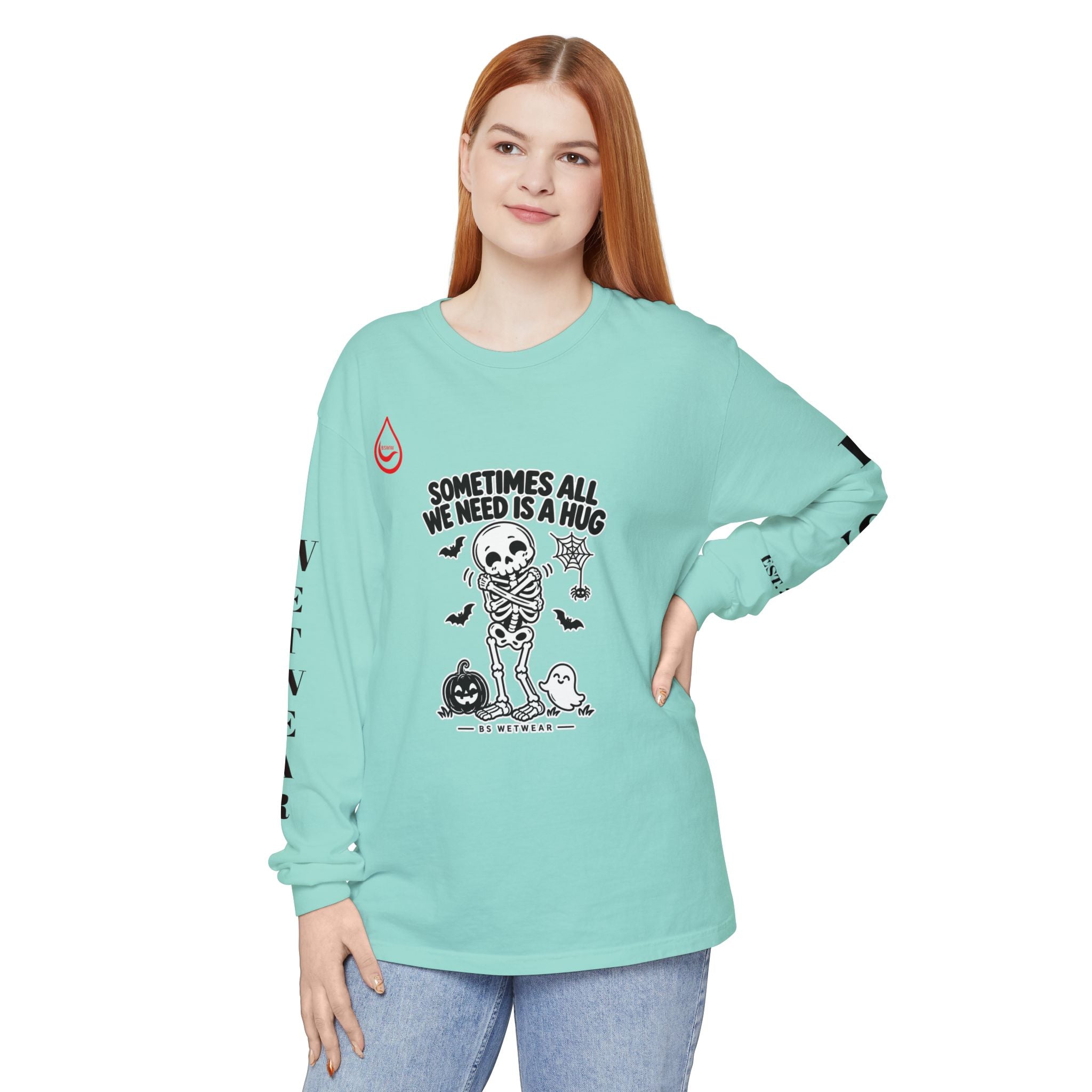 BS WETWEAR CUTE SKELETON SELF HUG HALLOWEEN LONG SLEEVE T-SHIRT