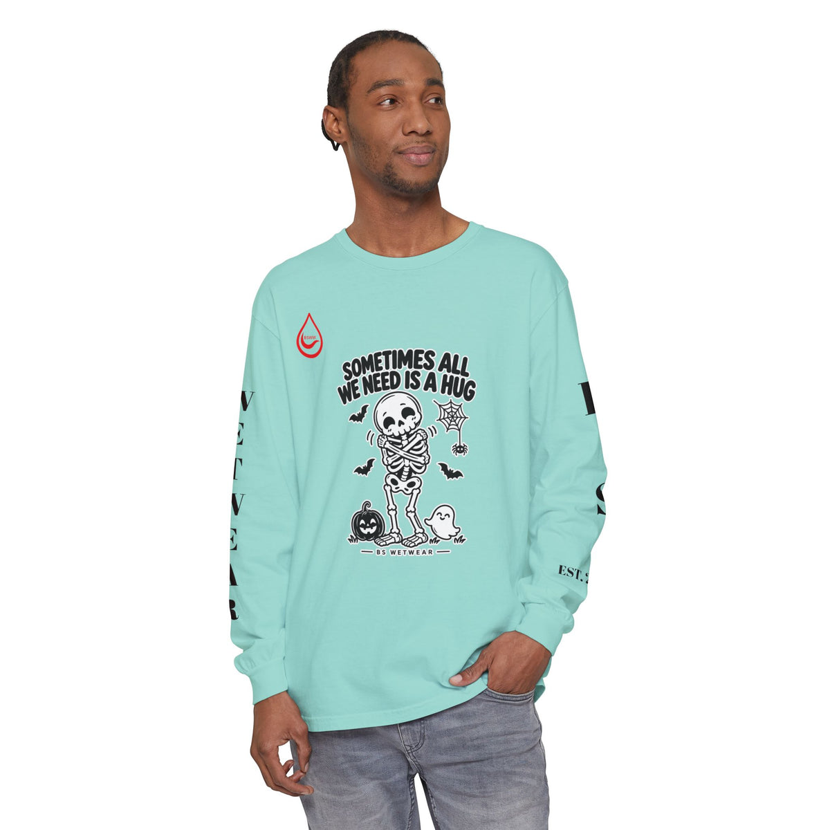 BS WETWEAR CUTE SKELETON SELF HUG HALLOWEEN LONG SLEEVE T-SHIRT