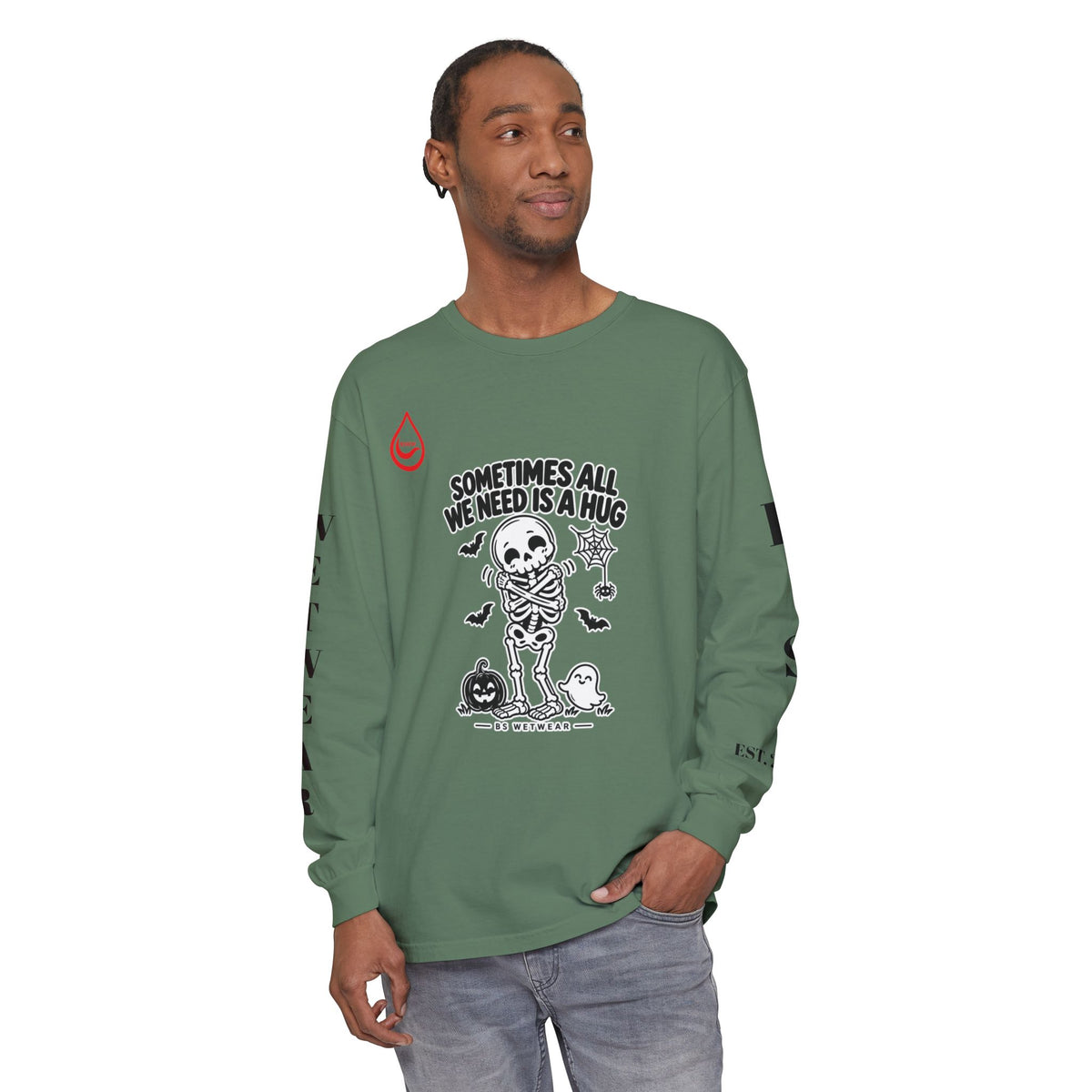 BS WETWEAR CUTE SKELETON SELF HUG HALLOWEEN LONG SLEEVE T-SHIRT