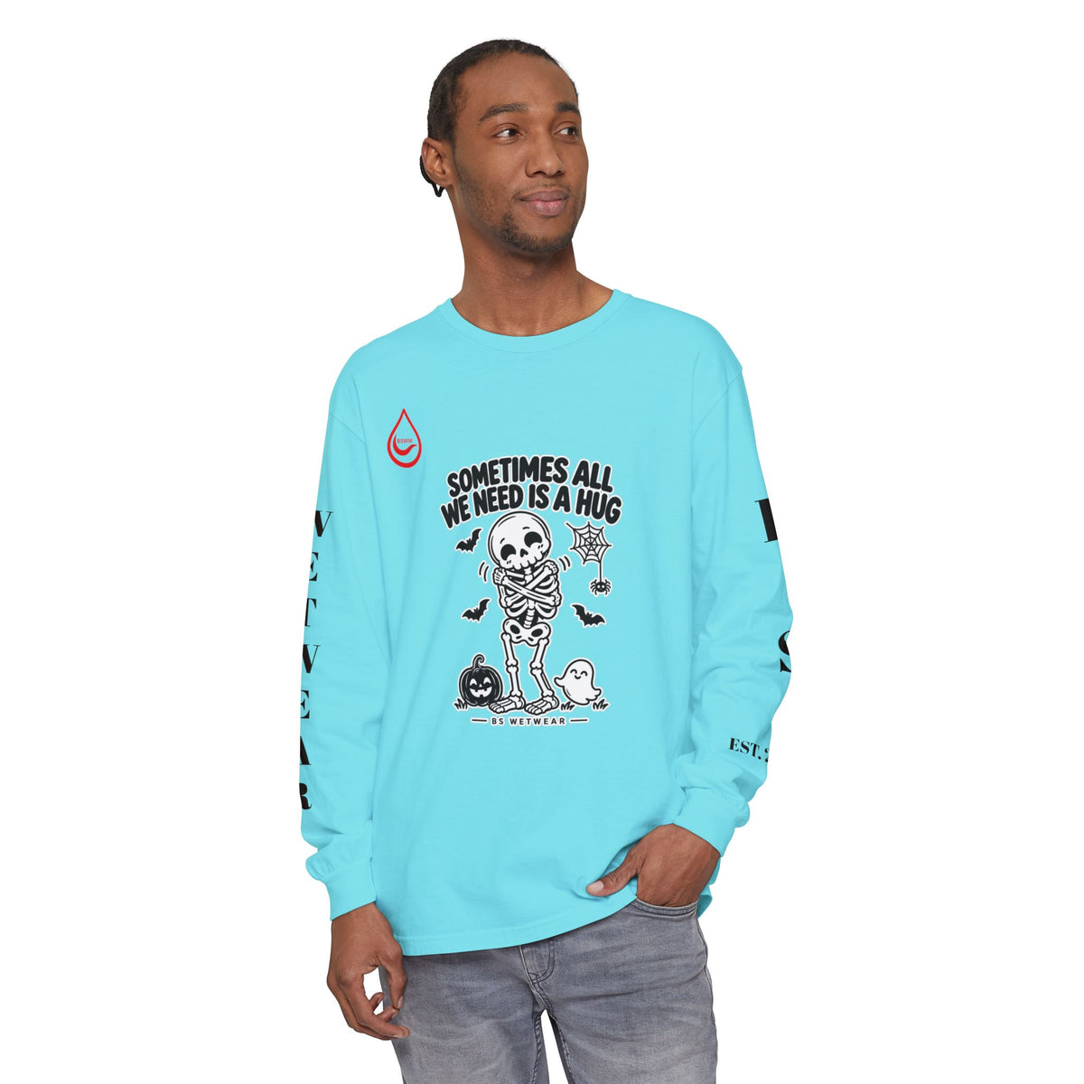 BS WETWEAR CUTE SKELETON SELF HUG HALLOWEEN LONG SLEEVE T-SHIRT