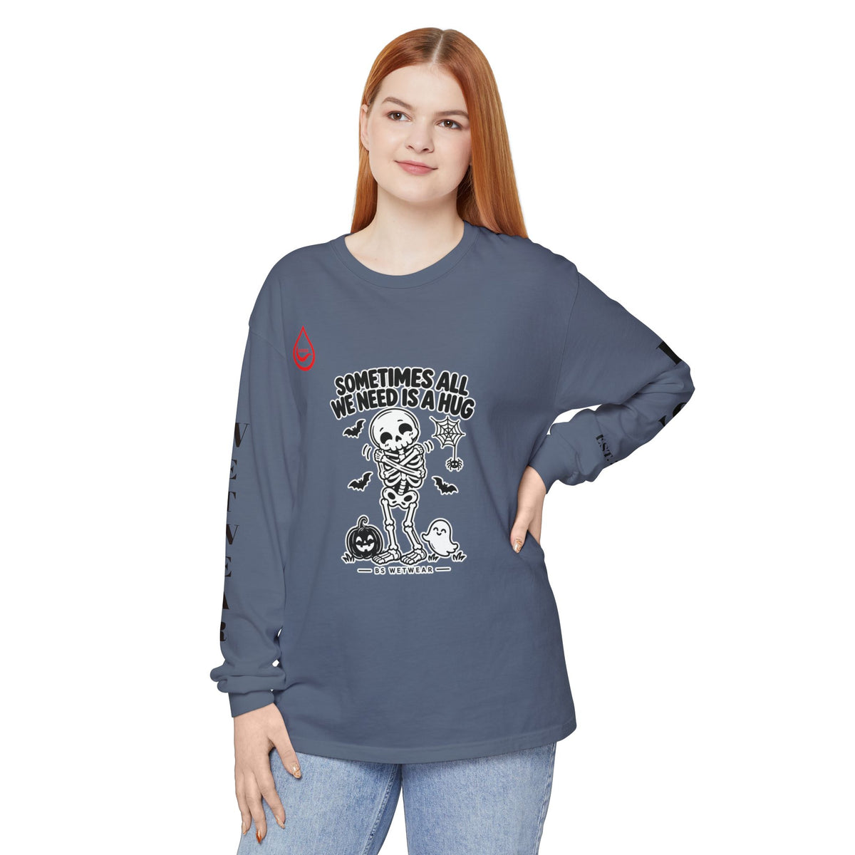 BS WETWEAR CUTE SKELETON SELF HUG HALLOWEEN LONG SLEEVE T-SHIRT